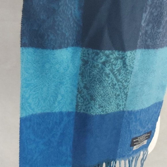 Blue Checkers Paisley Fringe Hem Soft Scarf Wrap Made in Germany D4 - Picture 4 of 6